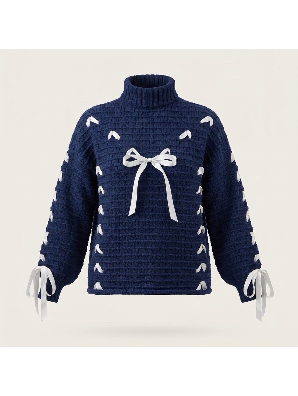 LENA Blue Knit Turtleneck Pullover Sweater White Ribbon Bow Accents Size M